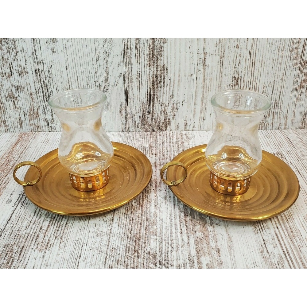 2 MCM Mid-Century D'Art Craftsman Corp Mini Hurricane Lamp Candle Holders NY